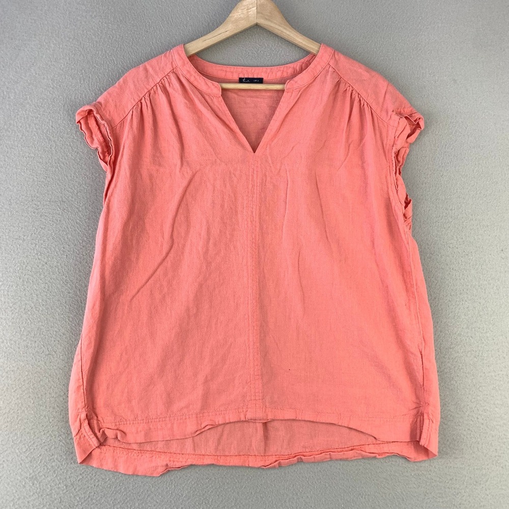 Splendid Linen Blend V-Neck Blouse Women Medium Pink Casual Short Sleeve Top‎